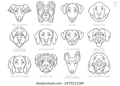 Dog head Silhouettes in alphabet order. All dog breeds. Simple line vector design. Vector illustration