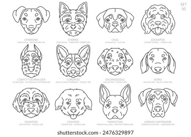 Cabeza de perro Siluetas en orden alfabético. Todas las razas de perros. Diseño de Vector de línea simple. Ilustración vectorial