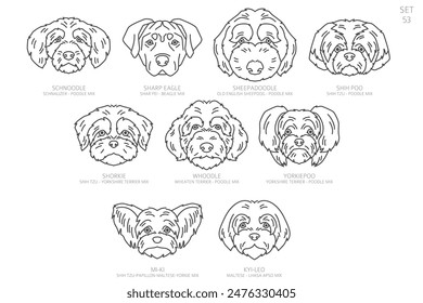 Cabeza de perro Siluetas en orden alfabético. Todas las razas de perros. Diseño de Vector de línea simple. Ilustración vectorial