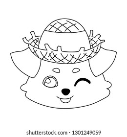 Dog head in a straw hat winks and shows tongue. Linear, black and white image of a pet. Vector illustration for coloring book, stencil, design, prints.