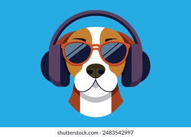 Dog head with sunglasses and headphones vector art illustration