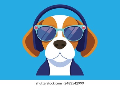 Dog head with sunglasses and headphones vector art illustration