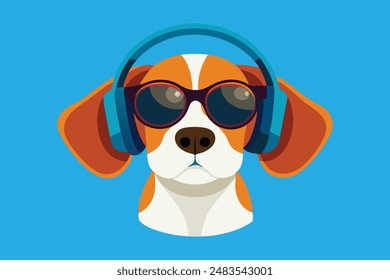 Dog head with sunglasses and headphones vector art illustration