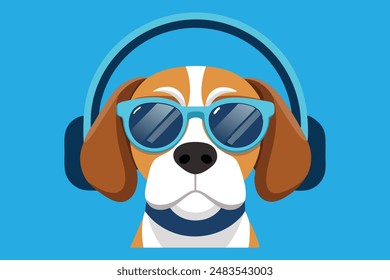 Dog head with sunglasses and headphones vector art illustration