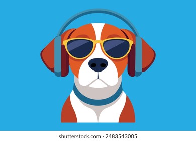 Dog head with sunglasses and headphones vector art illustration