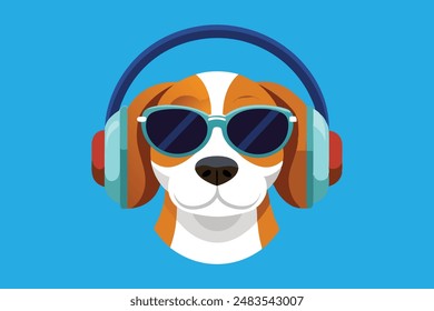 Dog head with sunglasses and headphones vector art illustration