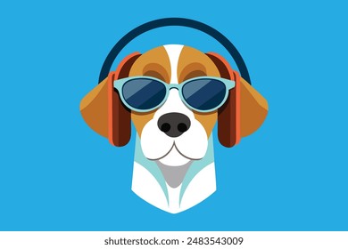 Dog head with sunglasses and headphones vector art illustration