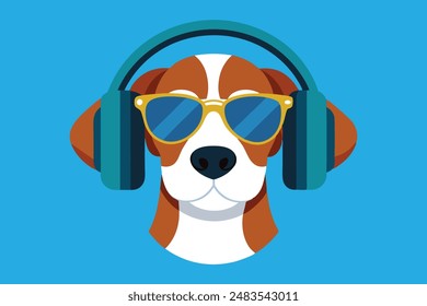 Dog head with sunglasses and headphones vector art illustration