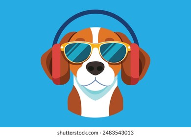 Dog head with sunglasses and headphones vector art illustration