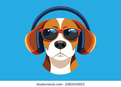 Dog head with sunglasses and headphones vector art illustration