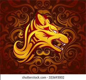 Dog head as symbol for year 2018 by Chinese traditional horoscope with orient ornament on backdrop