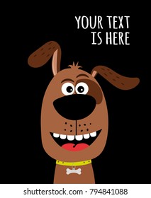 Dog head with text. Cute dog card with bone charm on collar vector illustration