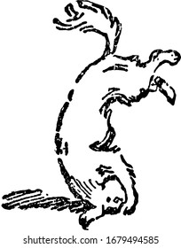 Un perro con la cabeza tocando tierra y patas arriba en el aire, dibujo vintage o ilustración grabadora