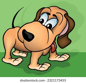 Dog with Head Turned and Tongue Sticking Out - Colored Cartoon Illustration with Background, Vector