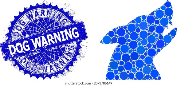 Dog head vector collage of small circles in different sizes and blue color tinges, and textured Dog Warning seal. Blue round sharp rosette seal contains Dog Warning tag inside.