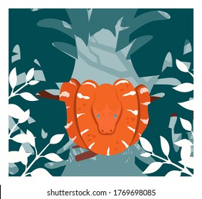 Dog headed boa vector illustration. Green Tree Python sitting on a branch with green leaves. Orange snake resting in the forest.