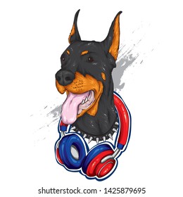 Dog with headphones. Funny puppy. Vector illustration for greeting card or poster, print on clothes.