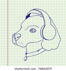 Dog in headphones. Hand drawn vector illustration
