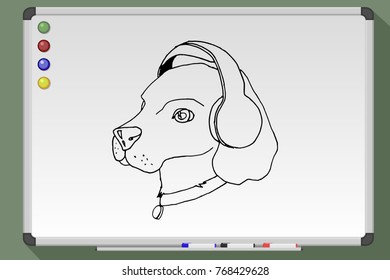 Dog in headphones. Hand drawn vector illustration