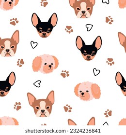 Dog heads and paw print seamless pattern.Cute pet breeds Chihuahua, Boston Terrier and French Bolonka.Colorful animal background with doodle element.Endless wallpaper.Vector flat illustration on white