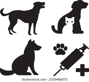 Dog healthy accessories, toys set. Pet shop bold black silhouette icons set isolated on white. pet food, toys, treatment, care products