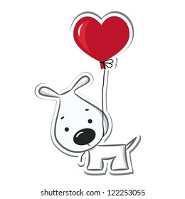 Dog with the heart balloon. Sticker. Vector illustration