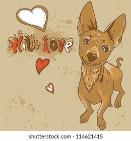 Dog with heart  Greeting card with love in vintage style