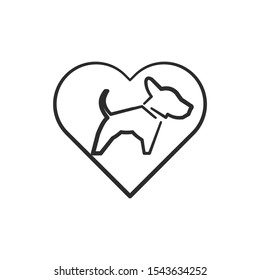 Dog and heart icon. Outline thin line flat illustration. Isolated on white background. 