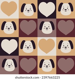 Dog and heart seamless pattern. Modern checkered endless background. Pet love repeat vector illustration in flat style with puppy head