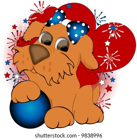 Dog, Hearts and Ball and Fireworks in red, white and blue.