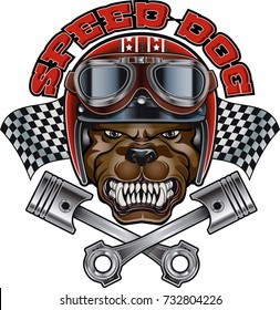 dog with helmet and goggles and crossed engine pistons