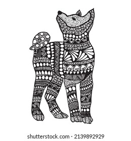 Dog henna pattern, traditional doodle, ornate black and white mehndi vector done by Sri Lankan and Pakistani refugees. Outline hand-drawn vector illustration. Decoration in ethnic oriental.