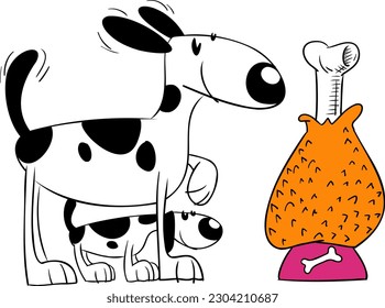 Dog with her puppy looking at the feeder in which there is a giant chicken thigh side view, cartoon style and ready for printing