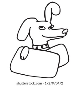 Dog hid behind pillows in doodle style. Linear animal on a white background. Vector smiling character for design.