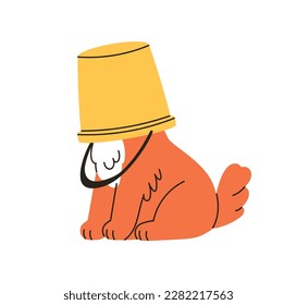 Dog hides head in bucket. Cute funny doggy, amusing puppy. Psychology, zoopsychology, fear, anonymity, incognito concept. Anonymous canine animal. Flat vector illustration isolated on white background