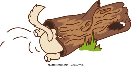 a dog is hiding in a log.