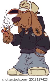 DOG HIP-HOP GANGSTER CHARACTER WITH CIGARETTE, CAP AND CHAIN