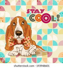 Dog hipster with bow. Retro poster in disco style. Vintage card. Design for t-shirts with animals print.