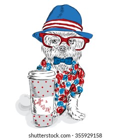 The dog hipster. Cute puppy vector.  Vector illustration for a greeting card, poster, or print on clothes.