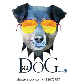 Dog Hipster man, Mr. Dog Terrier in glasses, fashion look animal illustration portrait in polygonal style, isolated on white background. Cartoon and book hero, design for print on things and  fabrics