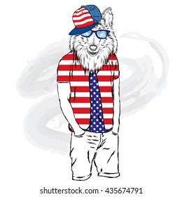 Dog hipster in summer clothes. Fashion & Style. Vector illustration for greeting card, poster, or print on clothing and accessories.