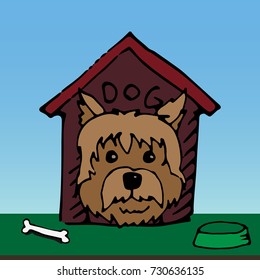 Dog in his booth. Hand drawn vector stock illustration