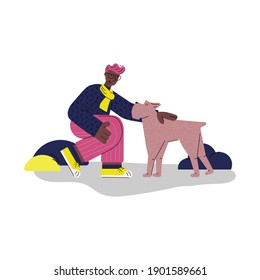 Dog and his owner isolated on white background - cartoon man sitting down and petting his pet animal in outdoor park. Modern flat vector illustration.