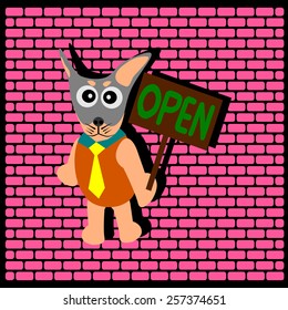 Dog hold open label on pink brick wall background vector
