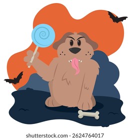 Dog holding blue lollipop. Vector illustration