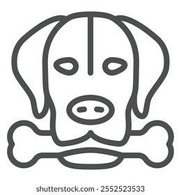 Perro que sostiene el hueso en el icono de la línea de la boca, concepto del cuidado del animal doméstico. Gráficos de Vector. Cabeza de perro con signo de hueso sobre fondo blanco, icono de estilo de contorno para móvil o Diseño web