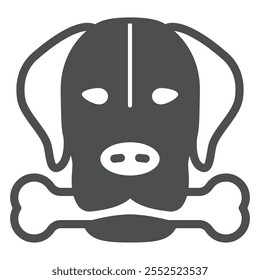 Perro que sostiene el hueso en el icono sólido de la boca, concepto del cuidado del animal doméstico. Gráficos de Vector. Cabeza de perro con signo de hueso sobre fondo blanco, icono de estilo de glifo para móvil o Diseño web