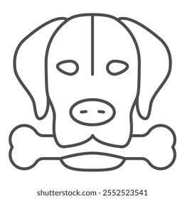 Perro que sostiene el hueso en el icono de la línea fina de la boca, concepto del cuidado del animal doméstico. Gráficos de Vector. Cabeza de perro con signo de hueso sobre fondo blanco, icono de estilo de contorno para móvil o Diseño web