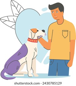 Perro que sostiene el hueso y de pie con el concepto del comunicador, hombre abrazando el diseño vectorial del perro, cuidado de mascotas o sentado símbolo, abordaje y entrenamiento de animales signo, mamíferos e ilustración de amistad humana