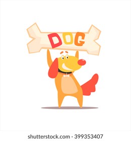 Dog Holding Bone With Text Funny Childish Colorful Flat Vector Illustration On White Background